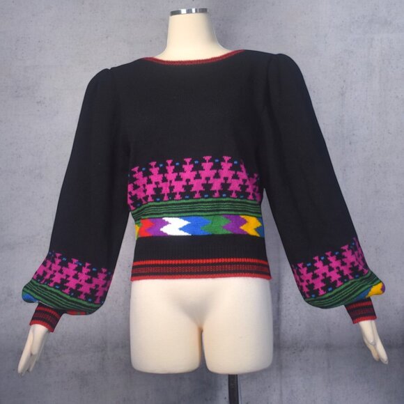 Vintage 80s Balloon Sleeve Knit Sweater Geometric Pattern S M - Picture 8 of 8